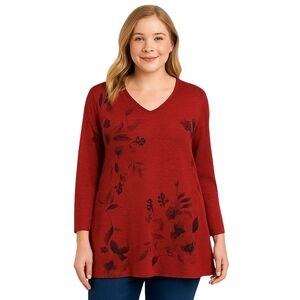 JESS & JANE Floral Tunic Top Plus 1X Red Black Burnout Print Swing Hem Artsy